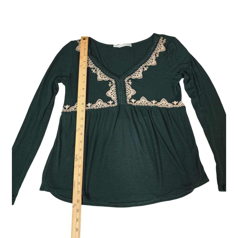 Maurices Womens Forest Green Ribbed Babydoll Top Long Sleeve Crochet Lace M - Picture 4 of 9